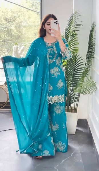 Mesmerizing Aqva Blue Faux Georgette Sharara Suit with Coding Stitch Embroidery Sequence Work Ready To Wear Collection