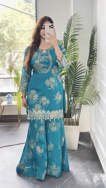 Mesmerizing Aqva Blue Faux Georgette Sharara Suit with Coding Stitch Embroidery Sequence Work Ready To Wear Collection