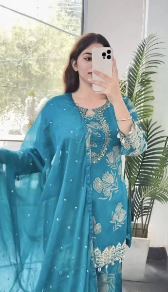 Mesmerizing Aqva Blue Faux Georgette Sharara Suit with Coding Stitch Embroidery Sequence Work Ready To Wear Collection