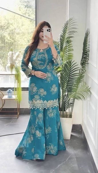 Mesmerizing Aqva Blue Faux Georgette Sharara Suit with Coding Stitch Embroidery Sequence Work Ready To Wear Collection