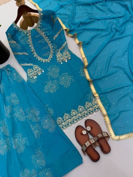 Mesmerizing Aqva Blue Faux Georgette Sharara Suit with Coding Stitch Embroidery Sequence Work Ready To Wear Collection
