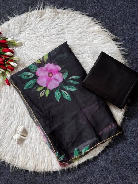 Mesmerizing Black Teby Silk Floral Print Saree with Cut Dana Border and Jalpari Silk Blouse Silk Sarees Wholesale