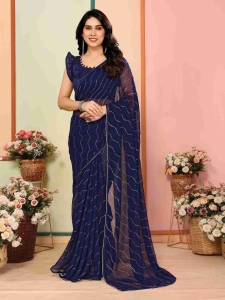 Mesmerizing Blue Georgette Mukesh Work Saree with Banglori Blouse for Party Wear Designer Wedding Sarees Wholesale