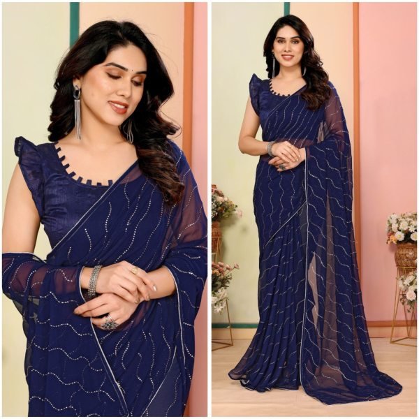 Mesmerizing Blue Georgette Mukesh Work Saree with Banglori Blouse for Party Wear Designer Wedding Sarees Wholesale