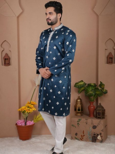 Mesmerizing Blue Malai Silk Kurta Set with Rich Embroidery for Festive Collection Mens Wear