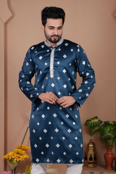 Mesmerizing Blue Malai Silk Kurta Set with Rich Embroidery for Festive Collection Kurta Pajama Wholesale