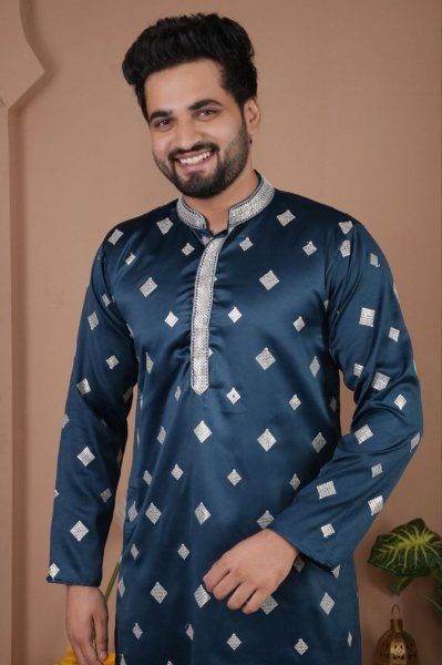 Mesmerizing Blue Malai Silk Kurta Set with Rich Embroidery for Festive Collection Kurta Pajama Wholesale