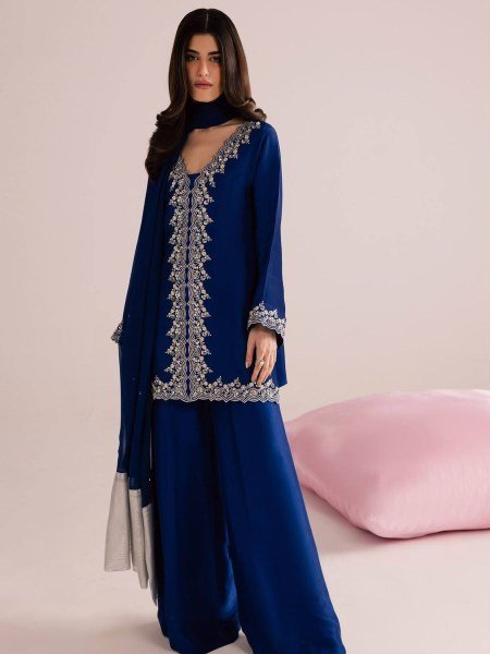 Mesmerizing Blue MOS Satin Kurti Plazzo Dupatta Set With Embroidered Work For Party Wear Ready To Wear Suit