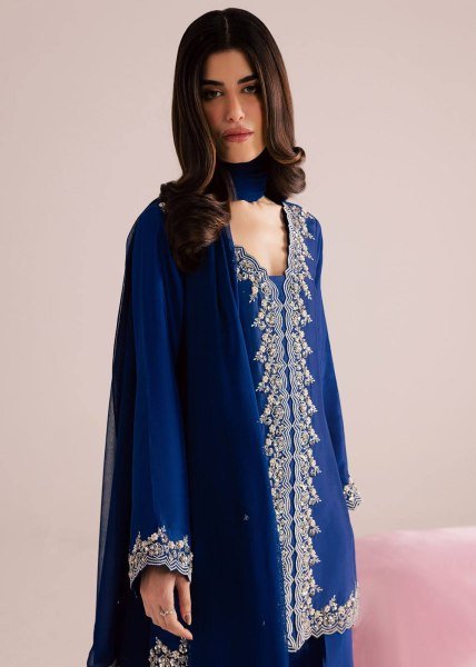 Mesmerizing Blue MOS Satin Kurti Plazzo Dupatta Set With Embroidered Work For Party Wear Ready To Wear Collection