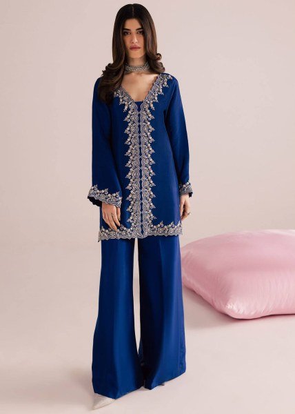 Mesmerizing Blue MOS Satin Kurti Plazzo Dupatta Set With Embroidered Work For Party Wear Ready To Wear Collection