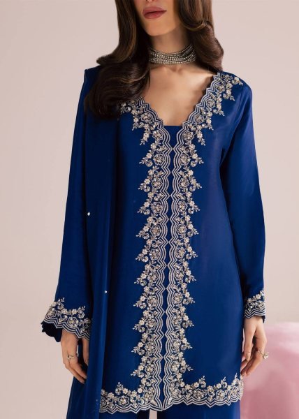 Mesmerizing Blue MOS Satin Kurti Plazzo Dupatta Set With Embroidered Work For Party Wear Ready To Wear Collection