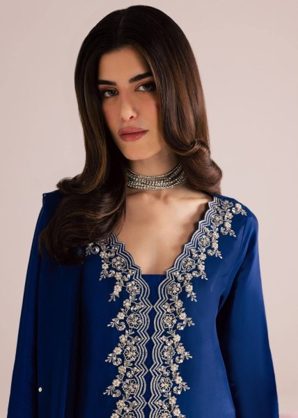 Mesmerizing Blue MOS Satin Kurti Plazzo Dupatta Set With Embroidered Work For Party Wear Ready To Wear Collection