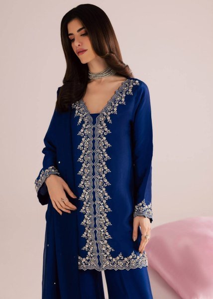 Mesmerizing Blue MOS Satin Kurti Plazzo Dupatta Set With Embroidered Work For Party Wear Ready To Wear Collection