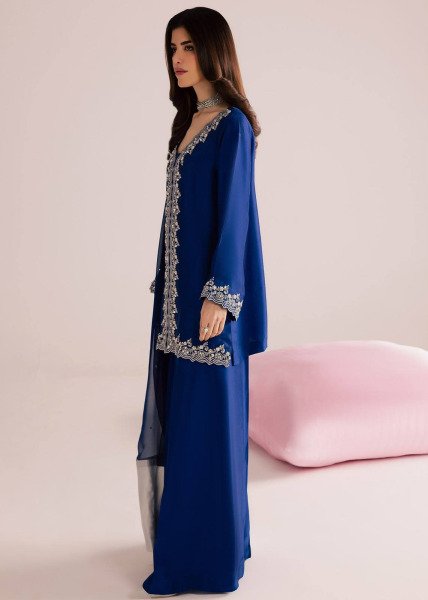 Mesmerizing Blue MOS Satin Kurti Plazzo Dupatta Set With Embroidered Work For Party Wear Ready To Wear Collection