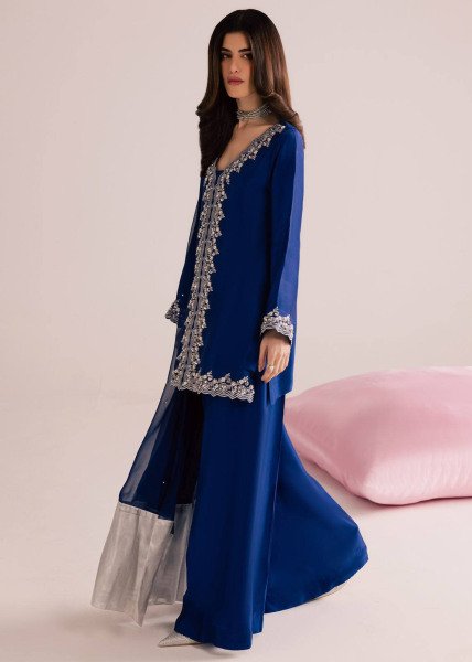 Mesmerizing Blue MOS Satin Kurti Plazzo Dupatta Set With Embroidered Work For Party Wear Ready To Wear Collection