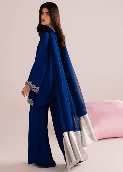 Mesmerizing Blue MOS Satin Kurti Plazzo Dupatta Set With Embroidered Work For Party Wear Ready To Wear Collection