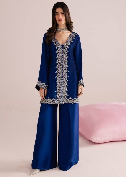 Mesmerizing Blue MOS Satin Kurti Plazzo Dupatta Set With Embroidered Work For Party Wear Ready To Wear Collection