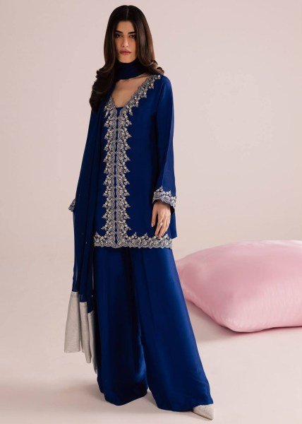 Mesmerizing Blue MOS Satin Kurti Plazzo Dupatta Set With Embroidered Work For Party Wear Ready To Wear Collection