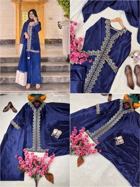 Mesmerizing Blue MOS Satin Kurti Plazzo Dupatta Set With Embroidered Work For Party Wear Ready To Wear Collection
