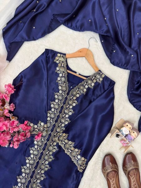 Mesmerizing Blue MOS Satin Kurti Plazzo Dupatta Set With Embroidered Work For Party Wear Ready To Wear Collection