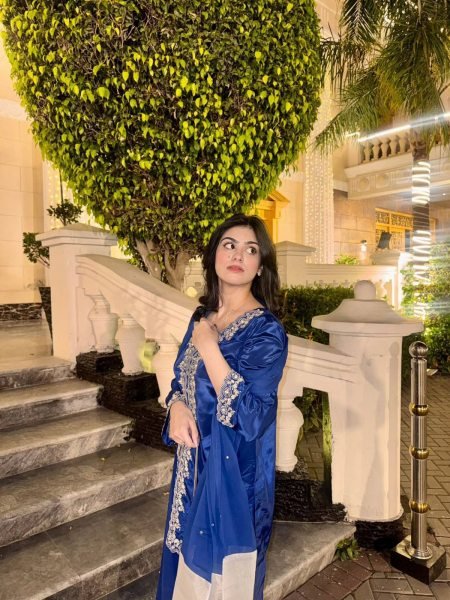 Mesmerizing Blue MOS Satin Kurti Plazzo Dupatta Set With Embroidered Work For Party Wear Ready To Wear Collection