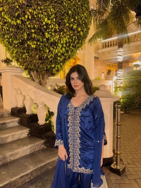 Mesmerizing Blue MOS Satin Kurti Plazzo Dupatta Set With Embroidered Work For Party Wear Ready To Wear Collection