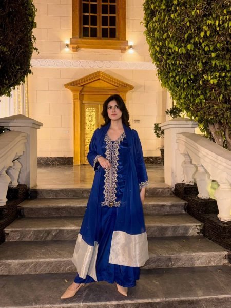 Mesmerizing Blue MOS Satin Kurti Plazzo Dupatta Set With Embroidered Work For Party Wear Ready To Wear Collection