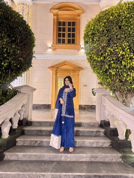 Mesmerizing Blue MOS Satin Kurti Plazzo Dupatta Set With Embroidered Work For Party Wear Ready To Wear Collection