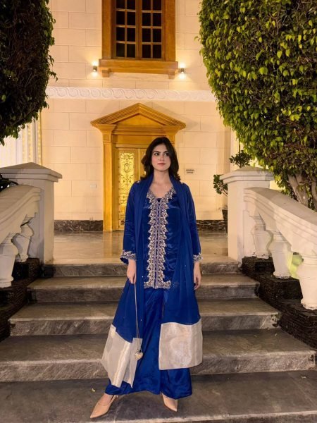 Mesmerizing Blue MOS Satin Kurti Plazzo Dupatta Set With Embroidered Work For Party Wear Ready To Wear Collection