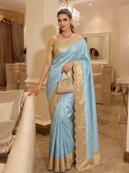 Mesmerizing Blue New Bridal Collection Kanjivarm Silk Saree with Embroidered Work  