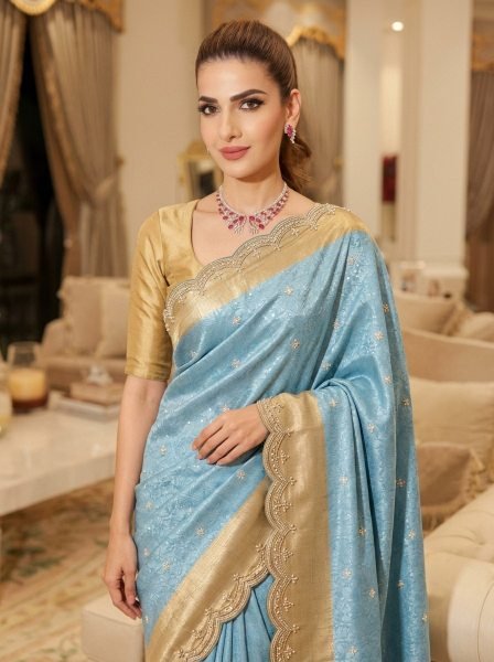 Mesmerizing Blue New Bridal Collection Kanjivarm Silk Saree with Embroidered Work  Silk Sarees Wholesale