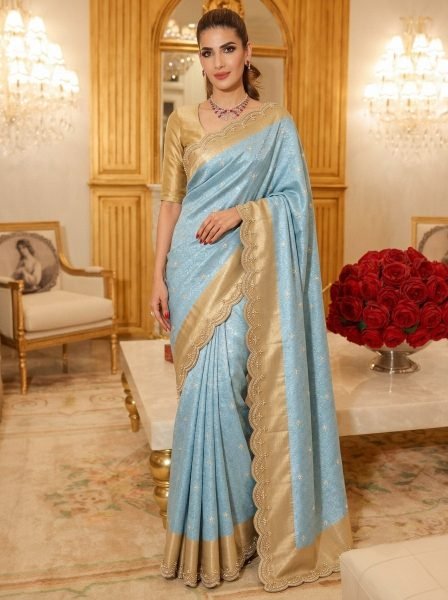 Mesmerizing Blue New Bridal Collection Kanjivarm Silk Saree with Embroidered Work  Silk Sarees Wholesale