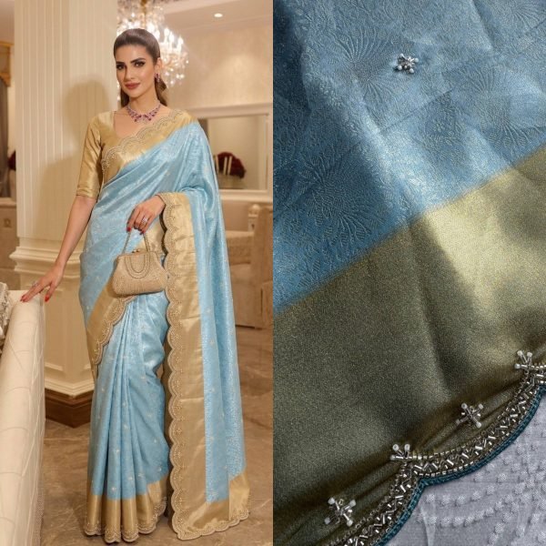 Mesmerizing Blue New Bridal Collection Kanjivarm Silk Saree with Embroidered Work  Silk Sarees Wholesale
