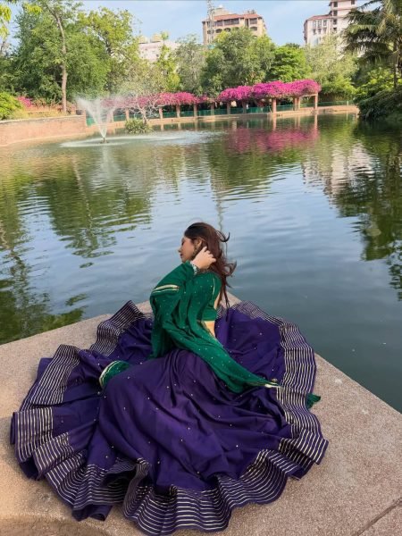Mesmerizing Blue Roman Silk Lehenga with Ghughari Work and Pearl Moti Dupatta Navratri Lehnega Choli