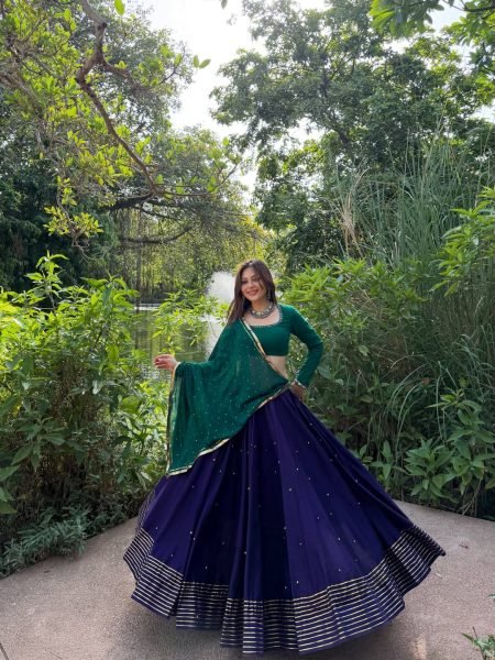 Mesmerizing Blue Roman Silk Lehenga with Ghughari Work and Pearl Moti Dupatta Navratri Lehnega Choli