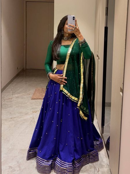 Mesmerizing Blue Roman Silk Lehenga with Ghughari Work and Pearl Moti Dupatta Navratri Lehnega Choli