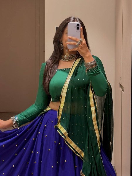 Mesmerizing Blue Roman Silk Lehenga with Ghughari Work and Pearl Moti Dupatta Navratri Lehnega Choli