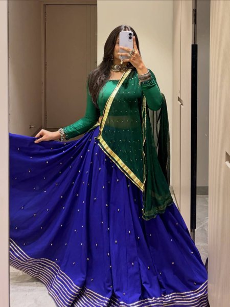 Mesmerizing Blue Roman Silk Lehenga with Ghughari Work and Pearl Moti Dupatta Navratri Lehnega Choli