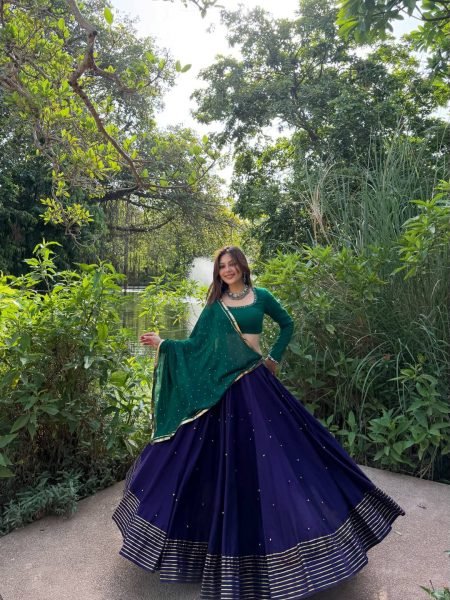 Mesmerizing Blue Roman Silk Lehenga with Ghughari Work and Pearl Moti Dupatta Navratri Lehnega Choli