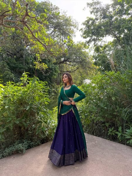 Mesmerizing Blue Roman Silk Lehenga with Ghughari Work and Pearl Moti Dupatta Navratri Lehnega Choli