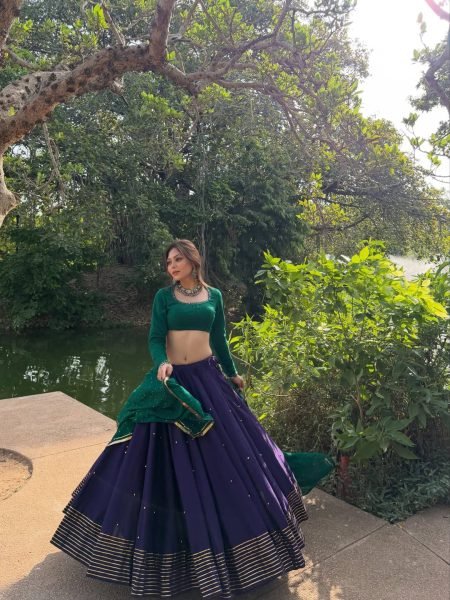 Mesmerizing Blue Roman Silk Lehenga with Ghughari Work and Pearl Moti Dupatta Navratri Lehnega Choli