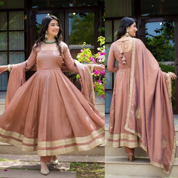 Mesmerizing Blush Brown Designer Vichitra Anarkali Pant Dupatta Set with Fancy Lace Work Ready To Wear Collection