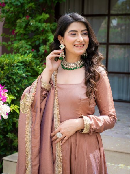 Mesmerizing Blush Brown Designer Vichitra Anarkali Pant Dupatta Set with Fancy Lace Work Ready To Wear Collection
