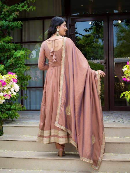 Mesmerizing Blush Brown Designer Vichitra Anarkali Pant Dupatta Set with Fancy Lace Work Ready To Wear Collection