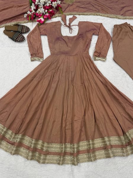 Mesmerizing Blush Brown Designer Vichitra Anarkali Pant Dupatta Set with Fancy Lace Work Ready To Wear Collection