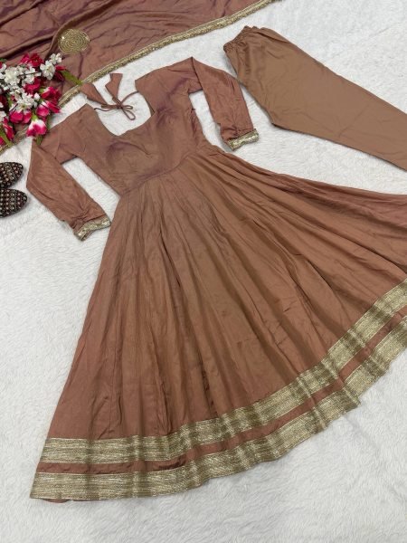 Mesmerizing Blush Brown Designer Vichitra Anarkali Pant Dupatta Set with Fancy Lace Work Ready To Wear Collection