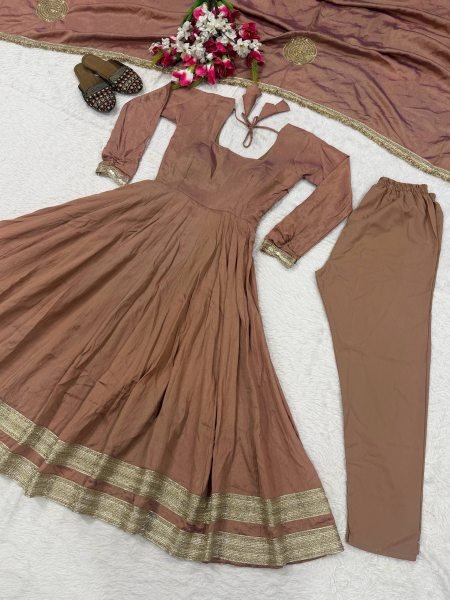 Mesmerizing Blush Brown Designer Vichitra Anarkali Pant Dupatta Set with Fancy Lace Work Ready To Wear Collection