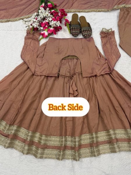 Mesmerizing Blush Brown Designer Vichitra Anarkali Pant Dupatta Set with Fancy Lace Work Ready To Wear Collection