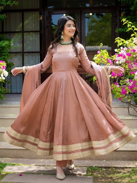Mesmerizing Blush Brown Designer Vichitra Anarkali Pant Dupatta Set with Fancy Lace Work Ready To Wear Collection