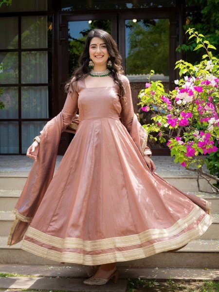 Mesmerizing Blush Brown Designer Vichitra Anarkali Pant Dupatta Set with Fancy Lace Work Ready To Wear Collection
